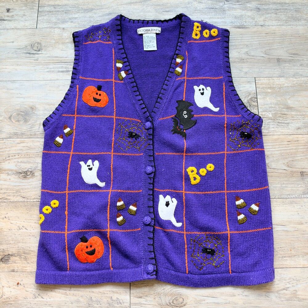 Vintage Victoria Jones Halloween Sweater Vest Size L Purple Ghost Pumpkin Bat